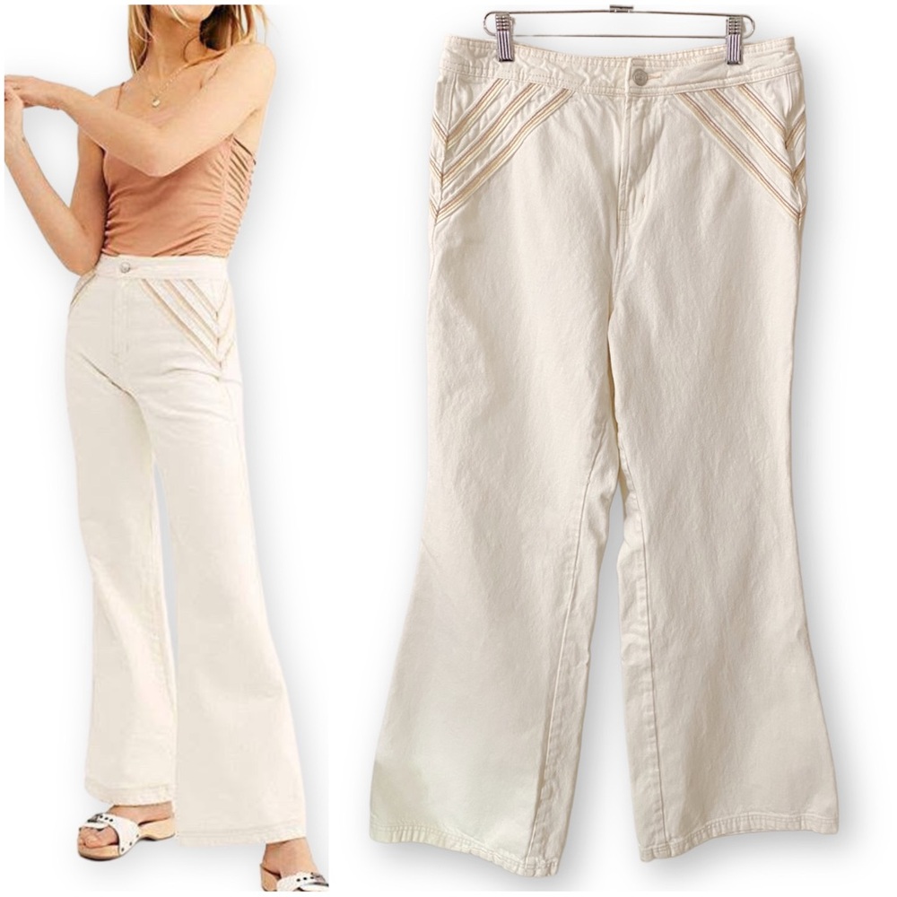 Free People Size 31 We The Free Over The Rainbow Flare High Waist Cream Jeans